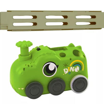 Žaislinis dinozauro automobilis, dedėliojantis spalvotus domino kauliukus, 4 spalvų kaladėlės, maitinamas baterijomis