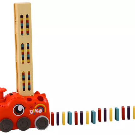 Raudonas dinozauro automobilis su baterijomis, dėliojantis spalvingus domino, 4 spalvų kaladėlės