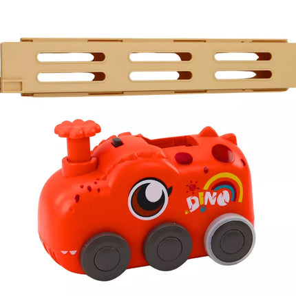 Raudonas dinozauro automobilis su baterijomis, dėliojantis spalvingus domino, 4 spalvų kaladėlės