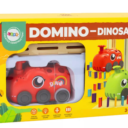 Raudonas dinozauro automobilis su baterijomis, dėliojantis spalvingus domino, 4 spalvų kaladėlės