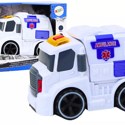 Greitosios pagalbos automobilis, su garsais, šviesomis, važiuoja automatiškai, baltas