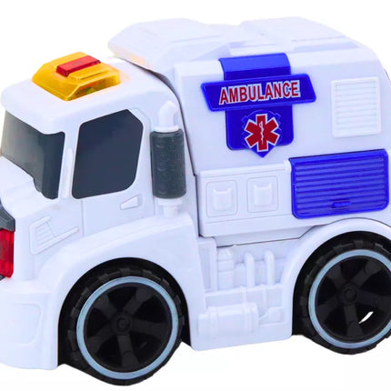 Greitosios pagalbos automobilis, su garsais, šviesomis, važiuoja automatiškai, baltas