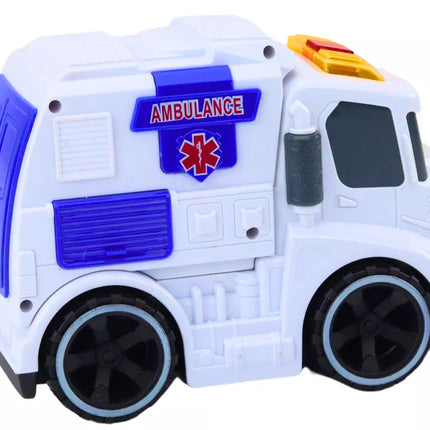 Greitosios pagalbos automobilis, su garsais, šviesomis, važiuoja automatiškai, baltas