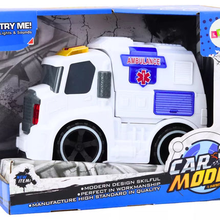 Greitosios pagalbos automobilis, su garsais, šviesomis, važiuoja automatiškai, baltas