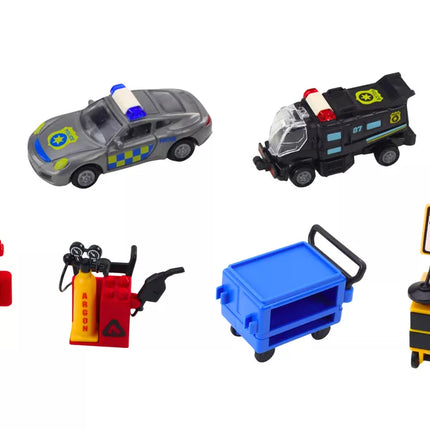 Išplečiamų garažo bėgių rinkinys lagamine su policijos šviesomis ir garsais