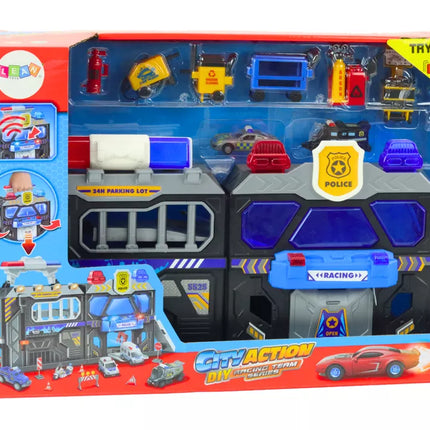 Išplečiamų garažo bėgių rinkinys lagamine su policijos šviesomis ir garsais