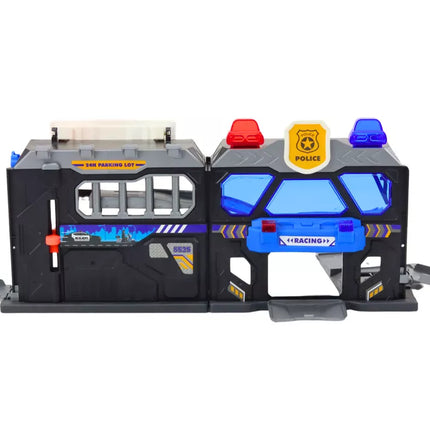 Išplečiamų garažo bėgių rinkinys lagamine su policijos šviesomis ir garsais
