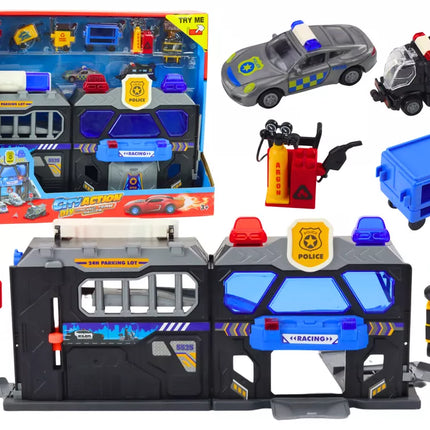 Išplečiamų garažo bėgių rinkinys lagamine su policijos šviesomis ir garsais