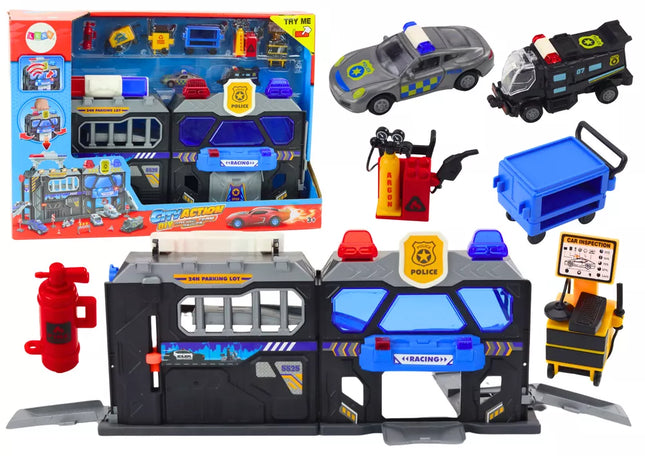 Išplečiamų garažo bėgių rinkinys lagamine su policijos šviesomis ir garsais