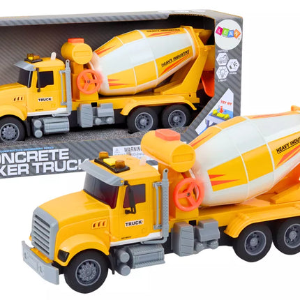 Geltonas betono maišyklės sunkvežimis su frikciniu varikliu, šviesos ir garso efektai