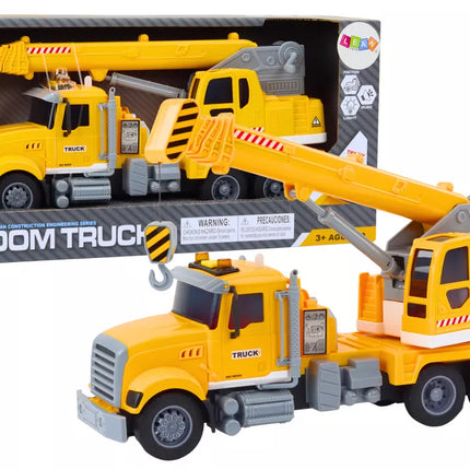 Geltonas kranas sunkvežimis su frikciniu varikliu, šviesos ir garso efektai