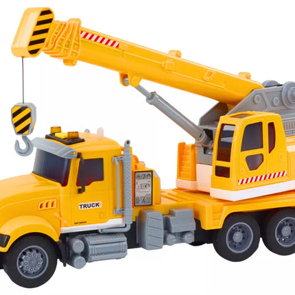 Geltonas kranas sunkvežimis su frikciniu varikliu, šviesos ir garso efektai