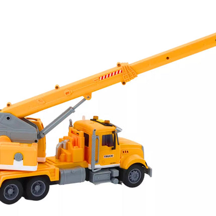 Geltonas kranas sunkvežimis su frikciniu varikliu, šviesos ir garso efektai