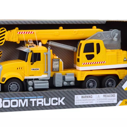 Geltonas kranas sunkvežimis su frikciniu varikliu, šviesos ir garso efektai