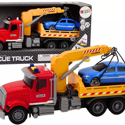 Automobilinis vilkikas su kranu, šviesomis, garsais, važiuoja, raudonas