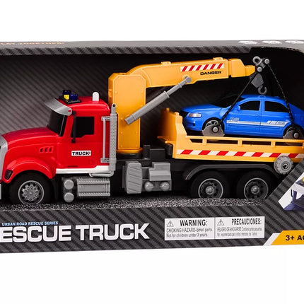 Automobilinis vilkikas su kranu, šviesomis, garsais, važiuoja, raudonas