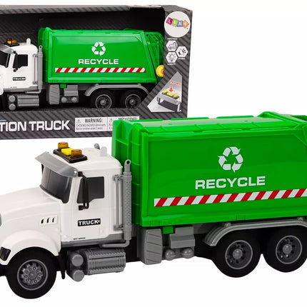 Šiukšliavežis Šiukšlių konteineriai Šviesos Garsai Važiuoja Balta ir žalia