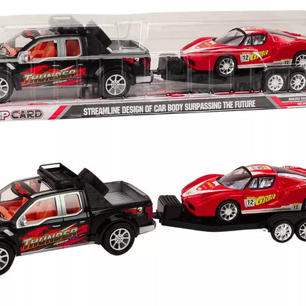 Pikapas su vilkiku, puspriekabe, sportiniu automobiliu ir visureigio rinkiniu