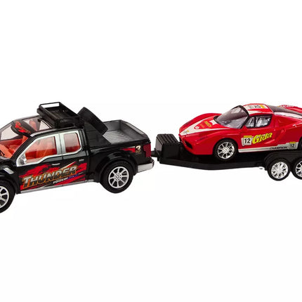 Pikapas su vilkiku, puspriekabe, sportiniu automobiliu ir visureigio rinkiniu