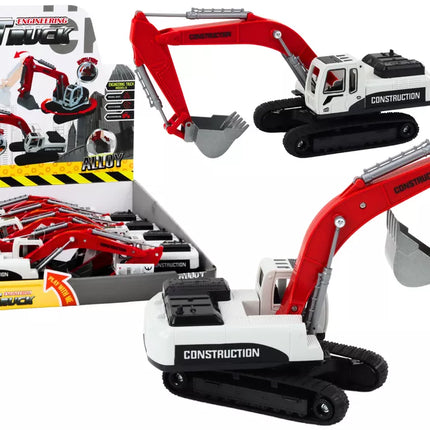 Vikšrinis ekskavatorius su baltu ir raudonu metaliniu kaušu