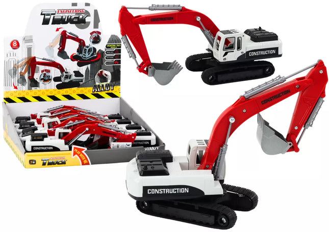 Vikšrinis ekskavatorius su baltu ir raudonu metaliniu kaušu