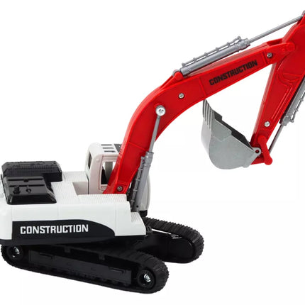 Vikšrinis ekskavatorius su baltu ir raudonu metaliniu kaušu