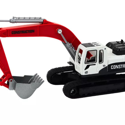 Vikšrinis ekskavatorius su baltu ir raudonu metaliniu kaušu