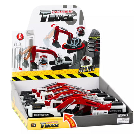 Vikšrinis ekskavatorius su baltu ir raudonu metaliniu kaušu