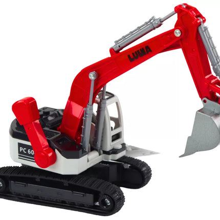 Vikšrinis ekskavatorius su baltu ir raudonu metaliniu kaušu