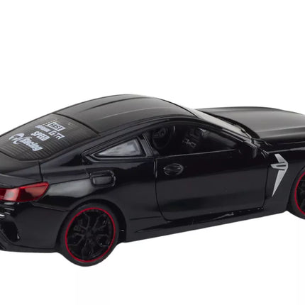 Juodas metalinis sportinio automobilio modelis su trinties pavara ir atidaromomis dalimis, 1:24