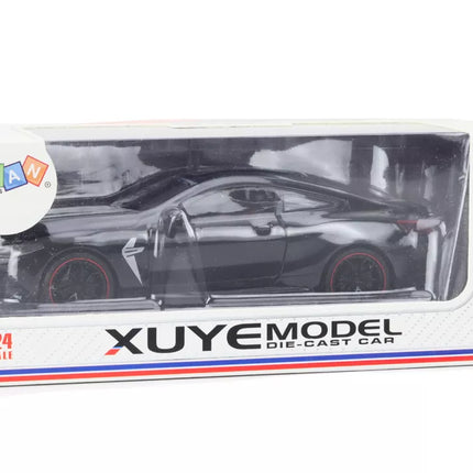 Juodas metalinis sportinio automobilio modelis su trinties pavara ir atidaromomis dalimis, 1:24