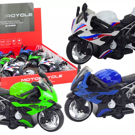 Sportinis motociklas su frikciniu varikliu, 3 spalvos: balta, žalia, mėlyna