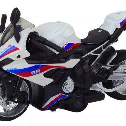 Sportinis motociklas su frikciniu varikliu, 3 spalvos: balta, žalia, mėlyna