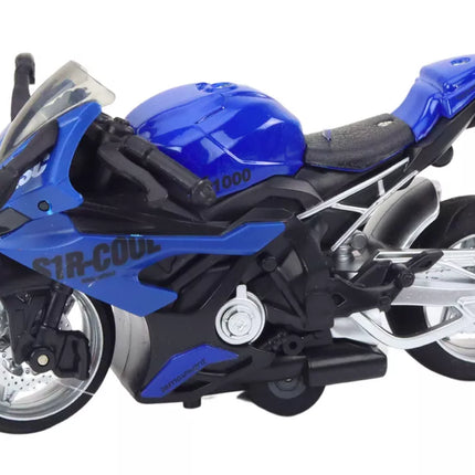 Sportinis motociklas su frikciniu varikliu, 3 spalvos: balta, žalia, mėlyna