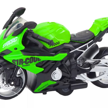 Sportinis motociklas su frikciniu varikliu, 3 spalvos: balta, žalia, mėlyna