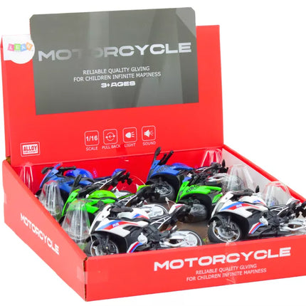 Sportinis motociklas su frikciniu varikliu, 3 spalvos: balta, žalia, mėlyna