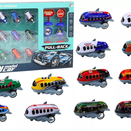 12 žaislinių automobilių, motorizuotų lėktuvų ir 5 cm kelio ženklų rinkinys