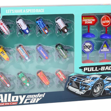 12 žaislinių automobilių, motorizuotų lėktuvų ir 5 cm kelio ženklų rinkinys