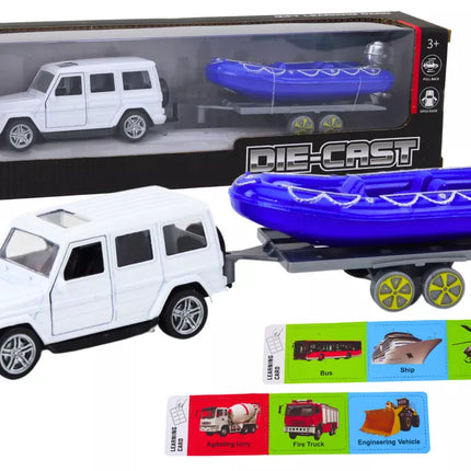 Visureigis su priekaba ir motorine valtimi, baltas mėlynas