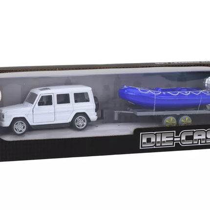 Visureigis su priekaba ir motorine valtimi, baltas mėlynas