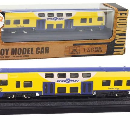 Kolekcinis geltonos ir mėlynos spalvos traukinio modelis 1:48, metalinis