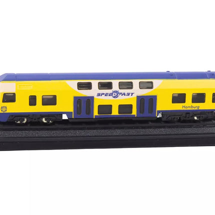 Kolekcinis geltonos ir mėlynos spalvos traukinio modelis 1:48, metalinis