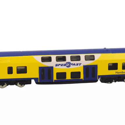 Kolekcinis geltonos ir mėlynos spalvos traukinio modelis 1:48, metalinis