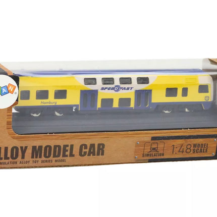 Kolekcinis geltonos ir mėlynos spalvos traukinio modelis 1:48, metalinis