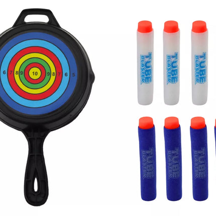Šaudymo lankas su taikiniu, minkšti strėlės, 8 vnt., baltas ir mėlynas