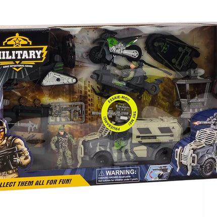 Karinis rinkinys, karinis kovinis automobilis, sraigtasparnis, kareiviai, priedai, garsai