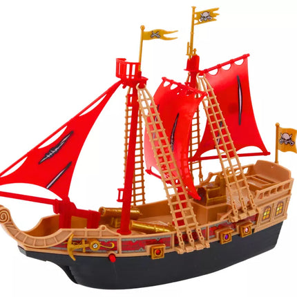 Piratų laivas su šviesomis, garsais ir ratais, juodas