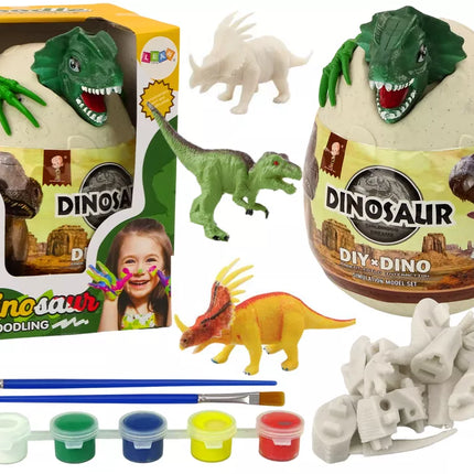 Kiaušinis su dinozaurais, skirtas dažymui "pasidaryk pats", dažų teptukai žali