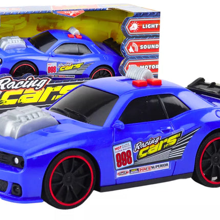 Lenktyninio automobilio šviesos Garsai Atidaromas variklis Mėlynas