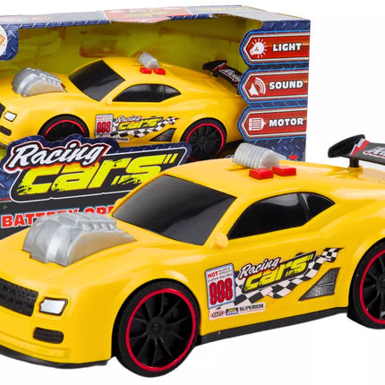 Lenktyninis automobilis su šviesomis, garsais ir atsidarančiu varikliu, geltonas